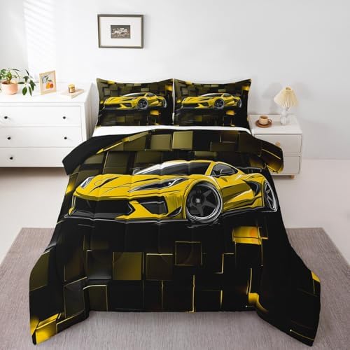 Erosebridal Race Car Bedding Set Twin Size Yellow Racing Car Comforter Set for Kids Boys Teens 2 Pieces 3D Square Bedding Comforter Sets Speed Sports Car Geometric Down Comforter
