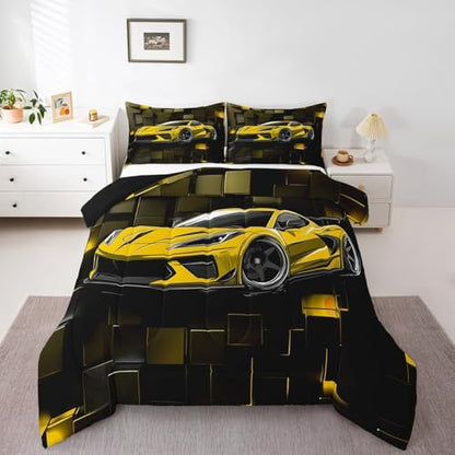 Erosebridal Race Car Bedding Set Twin Size Yellow Racing Car Comforter Set for Kids Boys Teens 2 Pieces 3D Square Bedding Comforter Sets Speed Sports Car Geometric Down Comforter