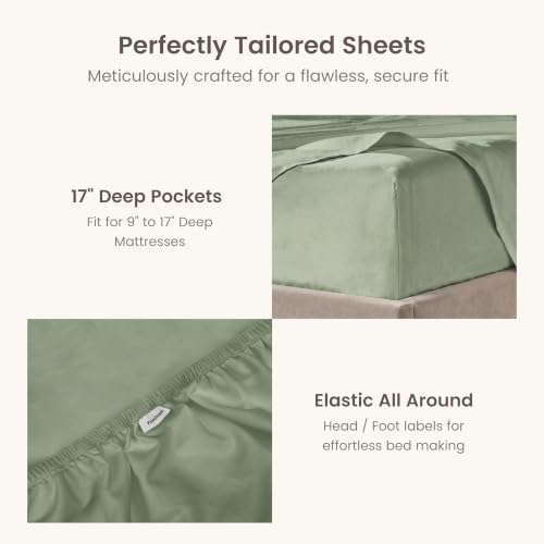 BIOWEAVES 100% Organic Cotton Sheets, 300 Thread Count 4-Piece GOTS Certified Bed Sheet Set Fits Mattress Upto 17" Deep Pocket, Soft & Silky Sateen Weave (King, Basil)