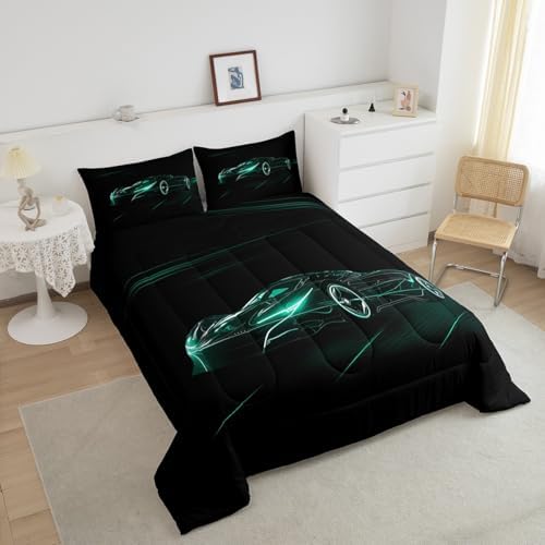 Feelyou Teal Race Car Bedding Set King Size for Kids Boys Extreme Sport Games Comforter Set Teens Toddler Fast and Furious Duvet Set Cool Modern Quilt Set 3Pcs