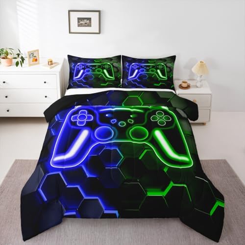 Erosebridal Gamer Comforter Set Neon Honeycomb Gaming King Bedding Set, Video Game Console Comforter Blue Green Hexagon Lights Duvet Insert,Kids Room Decor