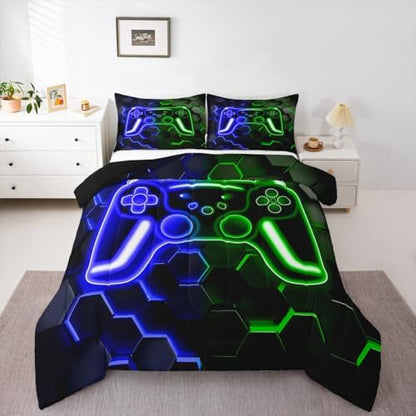 Erosebridal Gamer Comforter Set Neon Honeycomb Gaming King Bedding Set, Video Game Console Comforter Blue Green Hexagon Lights Duvet Insert,Kids Room Decor