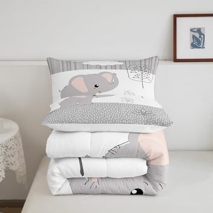 Castle Fairy Cartoon Elephant Bedding Comforters Queen Size,Kawaii Cute Wild Animal Comforter Set with 2 Pillowcases,Grey White Tree Cloud Flower Children Adult Polyester Duvet Set 3pcs