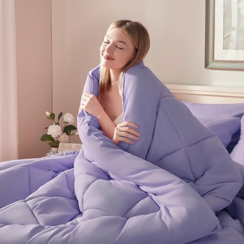 ELNIDO QUEEN® Light Purple Comforter Set Queen, 7 Pieces Bed in a Bag Queen Size, Bed Set for All Seasons, Lavender Bedding Sets with Comforter, Flat Sheet, Fitted Sheet, Pillowcases and Pillow Shams