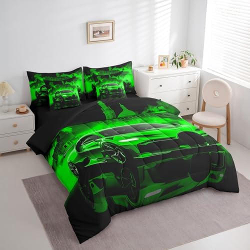 jejeloiu Kids Race Car Comforter Set with Sheets Queen Size Extreme Sport Games Bedding Set for Boys Girls Bedroom Decor Modern Green Bed in a Bag Soft Lightweight Microfiber