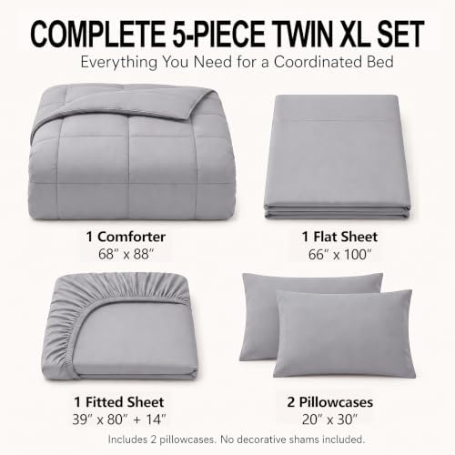 CozyLux Twin XL Comforter Set Grey - 5 Pieces Twin XL Bed in a Bag