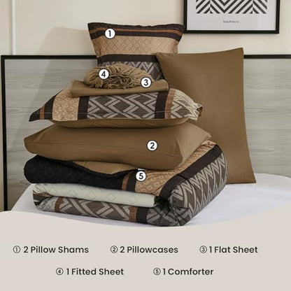Cottolester Brown Comforter Set Queen Size,Fall Striped Bed in a Bag