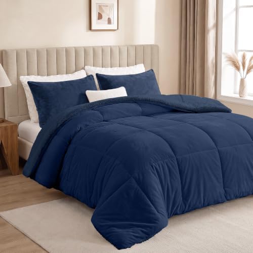 Fluffy Sherpa King Comforter Set, Thick Bedding Set 3 Pieces, Navy