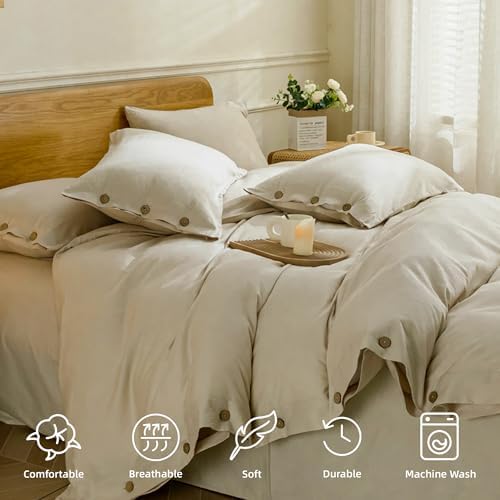 JELLYMONI Cotton Duvet Cover Twin Size - Light Khaki Comforter Cover with Button 100% Washed Cotton 2PCS Breathable Soft Solid Bedding Set Duvet Cover 68×90in & 1 Pillowcase (NO Comforter)