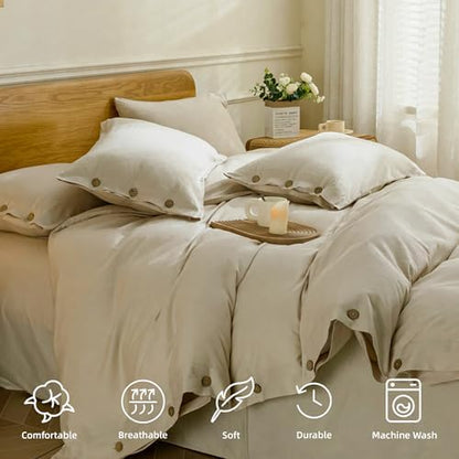 JELLYMONI Cotton Duvet Cover Twin Size - Light Khaki Comforter Cover with Button 100% Washed Cotton 2PCS Breathable Soft Solid Bedding Set Duvet Cover 68×90in & 1 Pillowcase (NO Comforter)