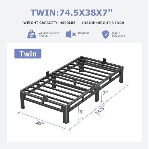 NKZ Metal Platform Bed Frame Twin Size, 7 Inch Dual-Layer Heavy Duty Base
