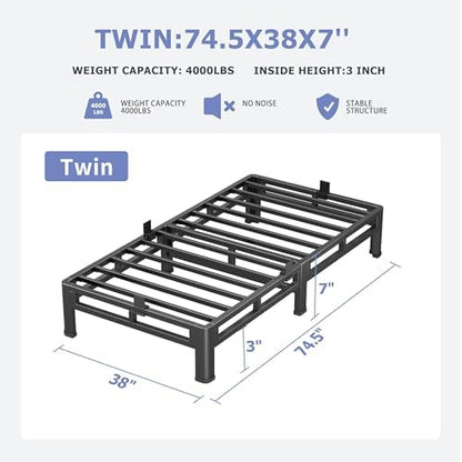 NKZ Metal Platform Bed Frame Twin Size, 7 Inch Dual-Layer Heavy Duty Base