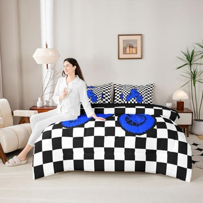 Feelyou Red Motocross Rider Full Comforter Set with Sheets for Kids Boys Girls Sporty Rider 7 Pieces Bedding Set Checkered Flag Bed in a Bag Off-Road Racing Room Decor Dirt Bike Soft Lightweight