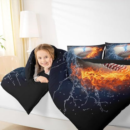 Erosebridal Baseball Comforter Set King Size Sports Theme Bedding Kids Teens Boys Fire and Ice Sports Baseball Quilted Duvet Decoration 3 Pcs Bedding Comforters Red Blue with 2 Pillowcases