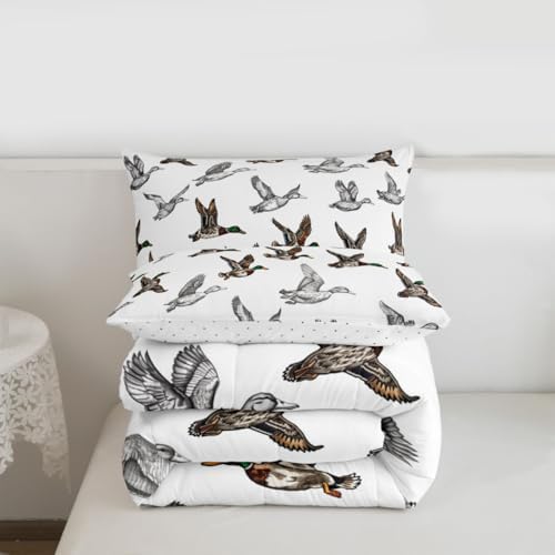 Feelyou Duck Hunter Comforter Set Queen Size Hunting Theme Bedding Set for Kids Boys Girls Mallard Duck Duvet Quilt Wild Animal Bedroom Decor Microfiber 3 Pcs with 2 Pillow Cases