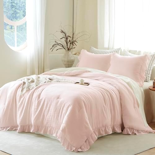 Pink Ruffle 3 Pieces Comforter Set Queen Shabby Chic Bedding Set