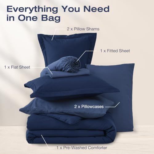 Sasttie King Comforter Set 7-Piece Navy Blue, Pre-Washed Bed in a Bag