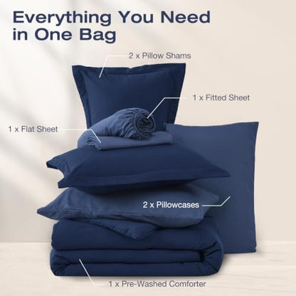 Sasttie King Comforter Set 7-Piece Navy Blue, Pre-Washed Bed in a Bag