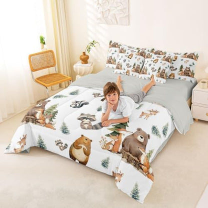 Erosebridal Woodland Animals 7 Piece Comforter Set Twin Bed in A Bag Cartoon Bear Fox Deer Bedding Set Kids Jungle Wildlife Child Sheet Set with Comforter Funny Raccoon Wild Animals Duvet Insert