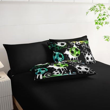 AILONEN Soccer Print Comforter Set Twin Size,7-Piece Football Sports with Blue Green White Soccer Pattern Bed in a Bag,Comforter & Fitted Sheet & Flat Sheet & 2 Pillowcases,Soft Microfiber
