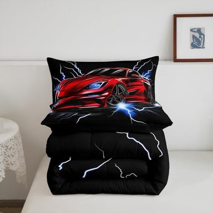 Erosebridal Race Car Queen Comforter Set for Boys Teens Red Sports Car Bedding Set Cool Speed Car Down Comforter Extreme Sports Theme Quilt White Lightning Decor Duvet Insert with 2 Pillowcases