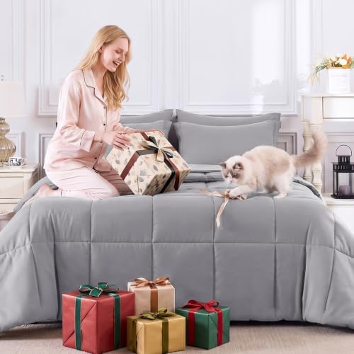 CozyLux Queen Comforter Set, 7-Piece Bed in a Bag, Grey
