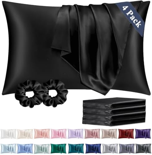Vielit King Satin Pillowcase for Hair 4 Pack, Similar to Silk Pillow Cases, Easier Care Than Silk Pillowcase, Gifts for Women Men - Black, 20x36 & Envelope Closure and 2 Satin Scrunchies