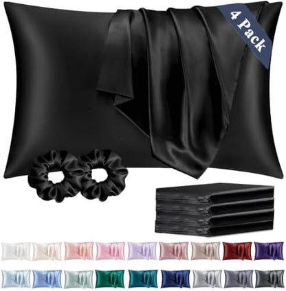 Vielit King Satin Pillowcase for Hair 4 Pack, Similar to Silk Pillow Cases, Easier Care Than Silk Pillowcase, Gifts for Women Men - Black, 20x36 & Envelope Closure and 2 Satin Scrunchies