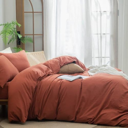 BESTOUCH Cotton Solid Duvet Cover Set Linen Feel Crimson Red Alaska King