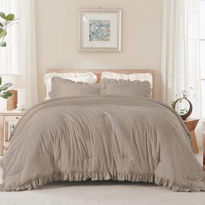 Andency Light Brown King Size Comforter Set, 3 Pcs Solid Farmhouse Bedding