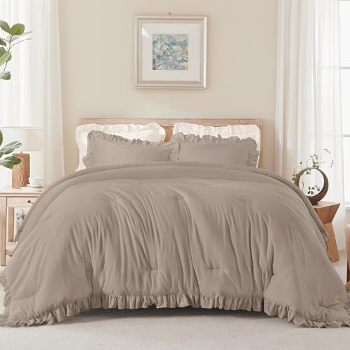 Andency Light Brown Comforter Set Full Size, 3 Pcs Solid Ruffle Bedding