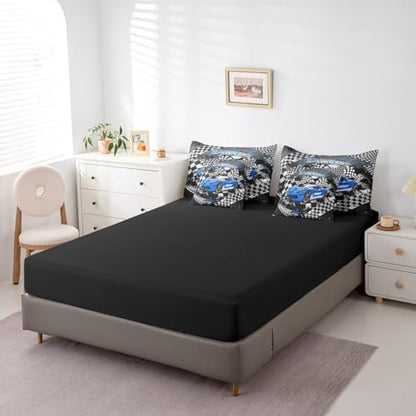 Blue Racing Car Comforter Set 7 Pieces,Fast and Furious Extreme Sport Games Bed Set,Sports Car Bedding Bed in a Bag,Full (1 Comforter,2 Pillowcase,2 Pillow Covers,1 Flat Sheet,1 Fitted Sheet)