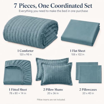 CozyLux Oversized King Comforter Set 120x98 7-Piece Mineral Blue Seersucker