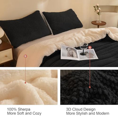 LLanCL 3D Jacquard Design Comforter Set, Ultra-Soft Warm Twin Size Sherpa Fur Plush 2-Pieces Sets Luxury Cozy Bedding with 1 Pillowcase (68"x90", Black)