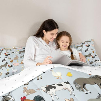 Feelyou Light Blue Farm Animal Comforter Set Toddler Size Cute Animal Bedding Set for Kids Boys Girls Farm Theme Duvet Quilt Cartoon Bedroom Decor 2 Pcs with 1 Pillow Cases