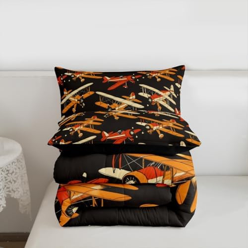 Erosebridal Cartoon Aircraft Bedding Set King, Modern Airplane Comforter Set, Propeller Plane Black Comforter for Kids Boys Men Bedroom Decor, Aviation Theme Quilt with 2 Pillowcases, 3 Pcs