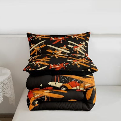 Erosebridal Cartoon Aircraft Comforter Set Toddler, Modern Airplane Bedding Set, Propeller Plane Comforter for Kids Boys Men Bedroom Decor, Aviation Theme Black Quilt with 1 Pillowcase, 2 Pcs
