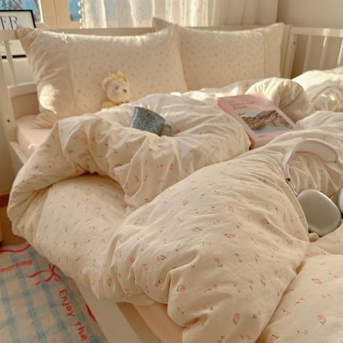VM VOUGEMARKET Lace Duvet Cover Set Twin XL Size for Teenage Girls Pink Flower Bedding Set Soft Lightweight Washed Microfiber Romantic Princess Duvet Cover with Zipper Ties-68"x90"