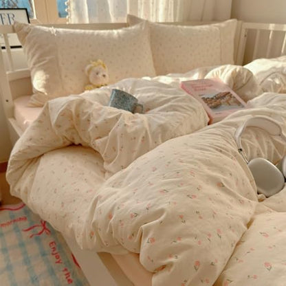 VM VOUGEMARKET Lace Duvet Cover Set Twin XL Size for Teenage Girls Pink Flower Bedding Set Soft Lightweight Washed Microfiber Romantic Princess Duvet Cover with Zipper Ties-68"x90"