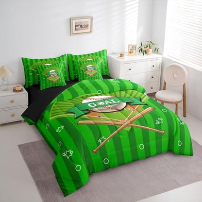 Erosebridal Boys Baseball Gaming Pattern Boys Kids Green 7 Piece Bedding Set Twin | Ball Games Sports Theme Comforter Set with Sheets Playground Bed in A Bag Stripes Geometric Bed Sets