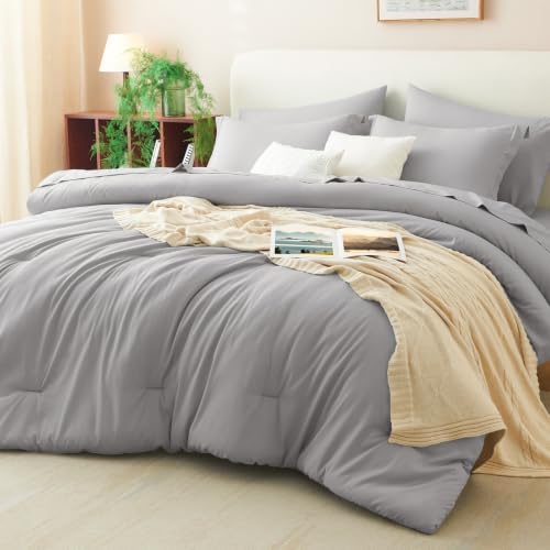 CozyLux King Size Comforter Set French Grey, 7 Pieces Bed in a Bag King Comforter Set with Sheets, Bedding Sets with Down Alternative Comforter, Sheets, Pillowcases & Shams, Soft All Seasons Bed Set
