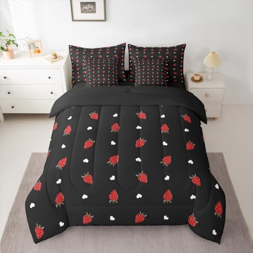 Erosebridal Kawaii Strawberry Full Size Comforter Set, Cute Fruits Theme Sweet 7-Piece Bed in A Bag, Red Black Sheets and Pillowcases, Heart Pattern Bedding Set Room Decor