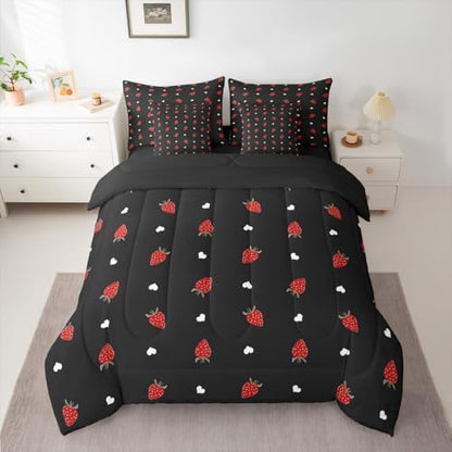 Erosebridal Kawaii Strawberry Twin Size Comforter Set, Cute Fruits Theme Sweet 7-Piece Bed in A Bag, Red Black Sheets and Pillowcases, Heart Pattern Bedding Set Room Decor
