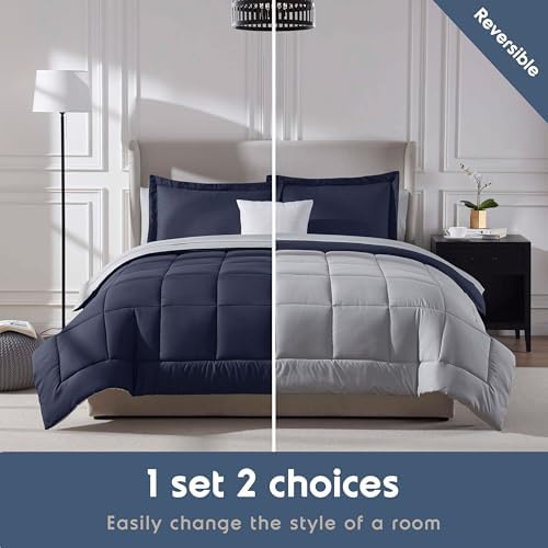 Nestl 9 Piece Queen Comforter Set – Navy Reversible Bed in a Bag – Complete Queen Size Bedding Set with Sheets, Set of 2 Down Alternative Pillows, Pillowcases and Shams