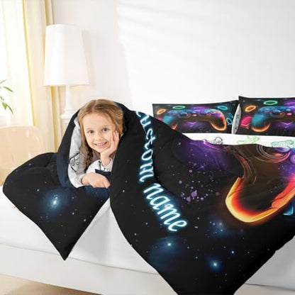 Custom Name Game Consoles Toddler Bedding Sets Gamer Gifts,Customized Gaming Comforter Sets for Boys Space Glow Geometric Kids Comforter Boys Red Green Blue Teal,Gaming Decor for Bedroom