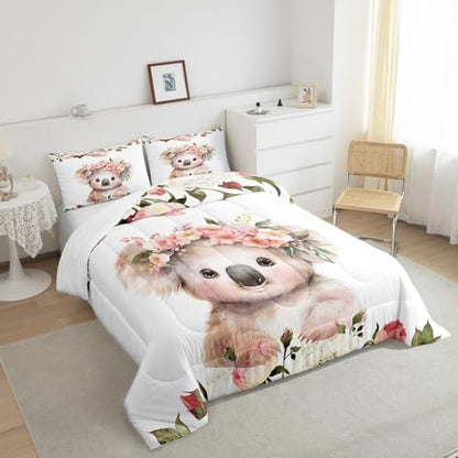 Feelyou Cute Koala Comforter Set King Size Kids Cartoon Animal Comforter for Boys Girls Teens Flower Floral Print Bedding Set Farm Zoo Garden Theme Duvet Set Room Decor Quilt Set