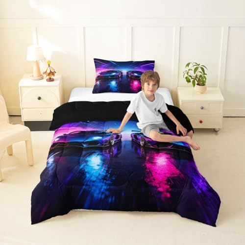 Feelyou Boys Race Car Comforter Set All Season Pink Racing Car Bedding Set with 1 Pillow Cases Speed Sports Microfiber Kids Toddler Bedclothes Bedroom Decor Duvet Quilt Breathable Soft Lightweight