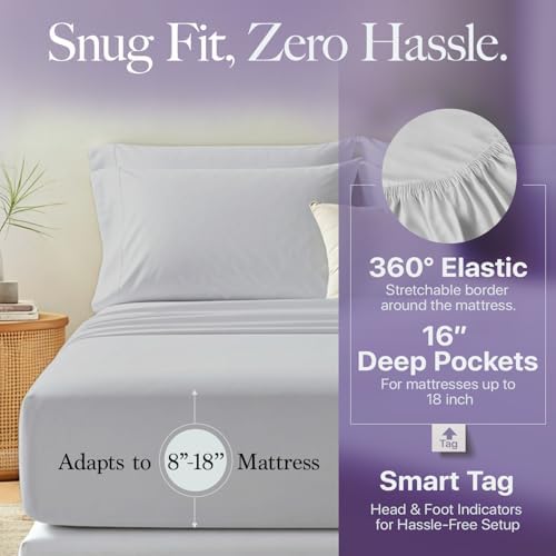 Carressa Linen 600 Series Queen Size Sheets Set, 16" Deep Pocket, Silver