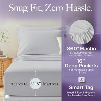 Carressa Linen 600 Series Queen Size Sheets Set, 16" Deep Pocket, Silver