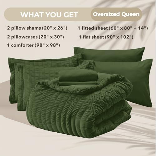 HYMOKEGE Olive Green Oversized Queen Comforter Set Seersucker 7 Pieces, All Season Luxury Bed in a Bag for Bedroom, Bedding Set with Comforter, Sheets, Pillowcases & Shams